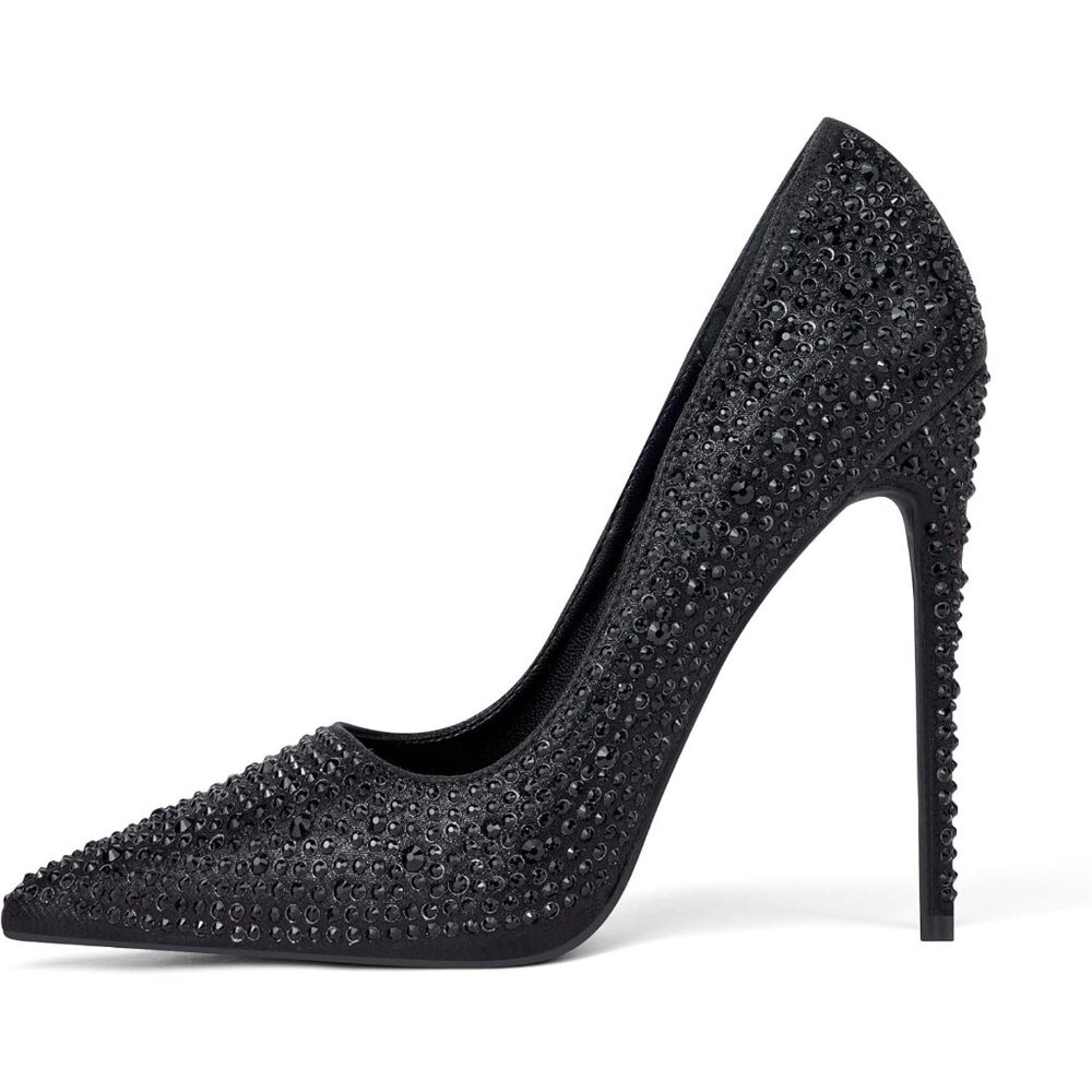 Women's Black Pumps Pointed Toe High Heel Glitter Rhinestone Sparkly Shoes